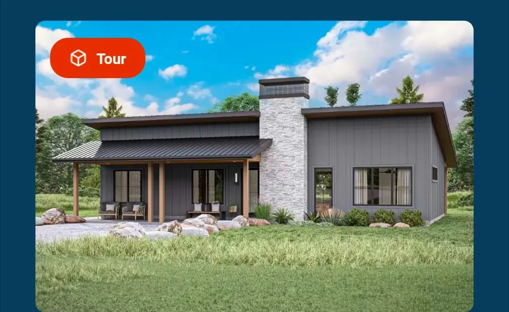 <p>Illustrate an exterior scene of a contemporary, chic residence with a front porch equipped with cozy furnishing. The house exhibits a prominent stone chimney and expansive windows for ample natural light. The dimensions of the house are roughly 40 feet in width by 20 feet in depth. The facade of the house showcases an elegant dark grey hue, complemented with natural stone accents and a shiny metal roof. The house is set amidst verdant lawn and adorned with decorative foliage for an attractive street view.</p>