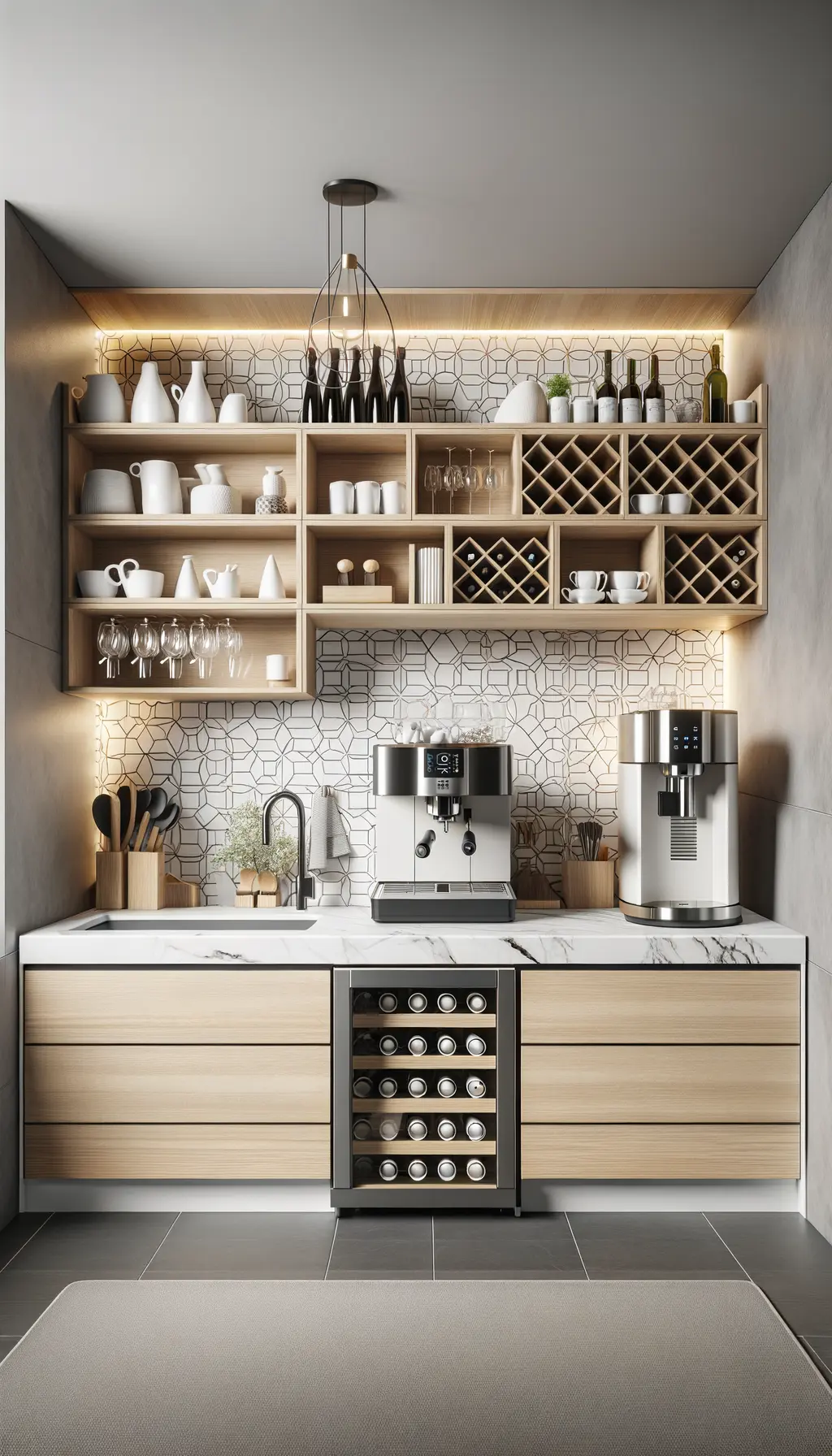 Modern Coffee Station with Built-in Wine Cooler and Open Shelving