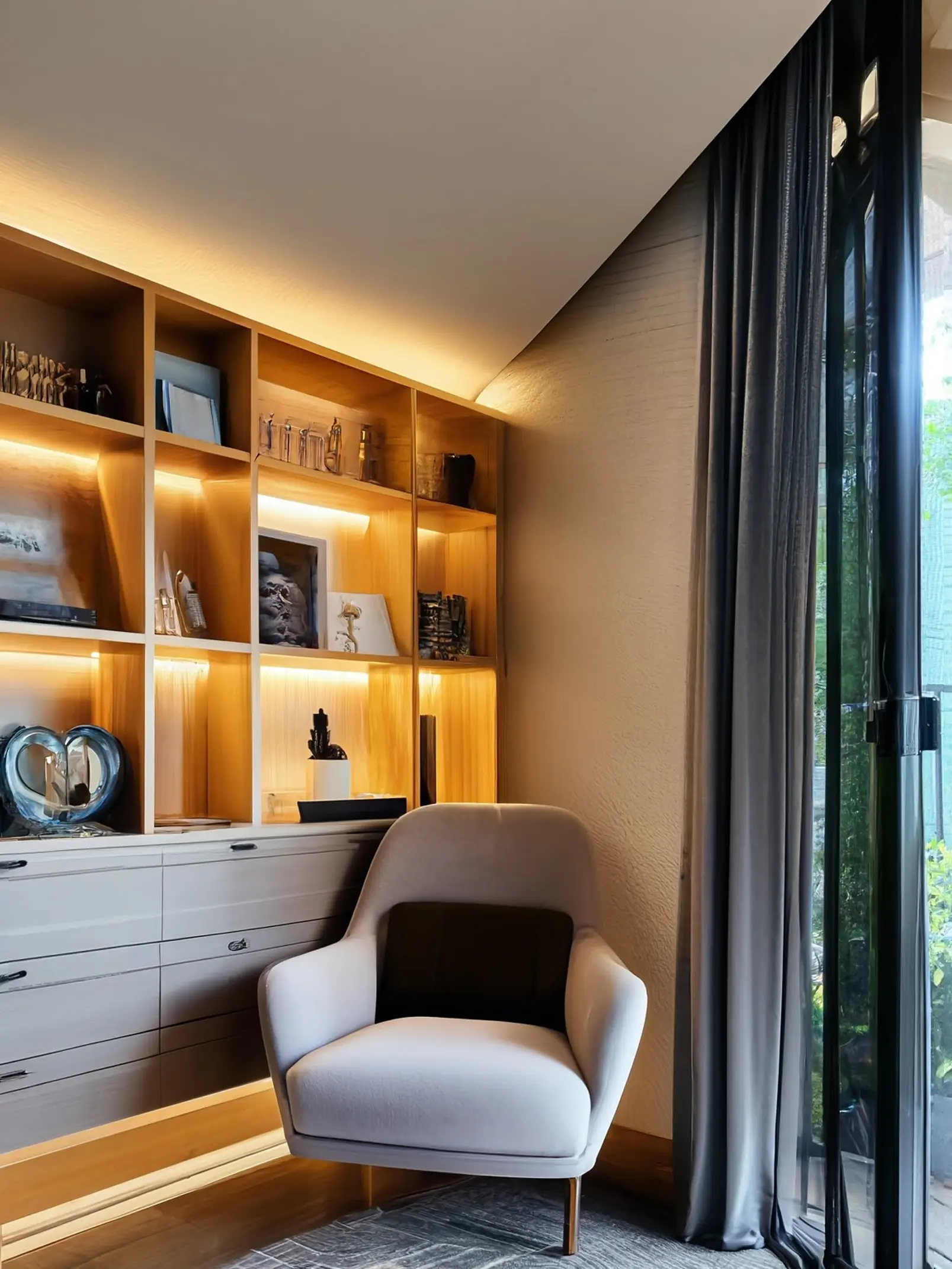 Modern Bedroom Corner Remodel with Bookshelf and Reading Nook