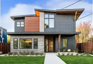 Transform Your Home Exterior with Modern Grey and Wood Design