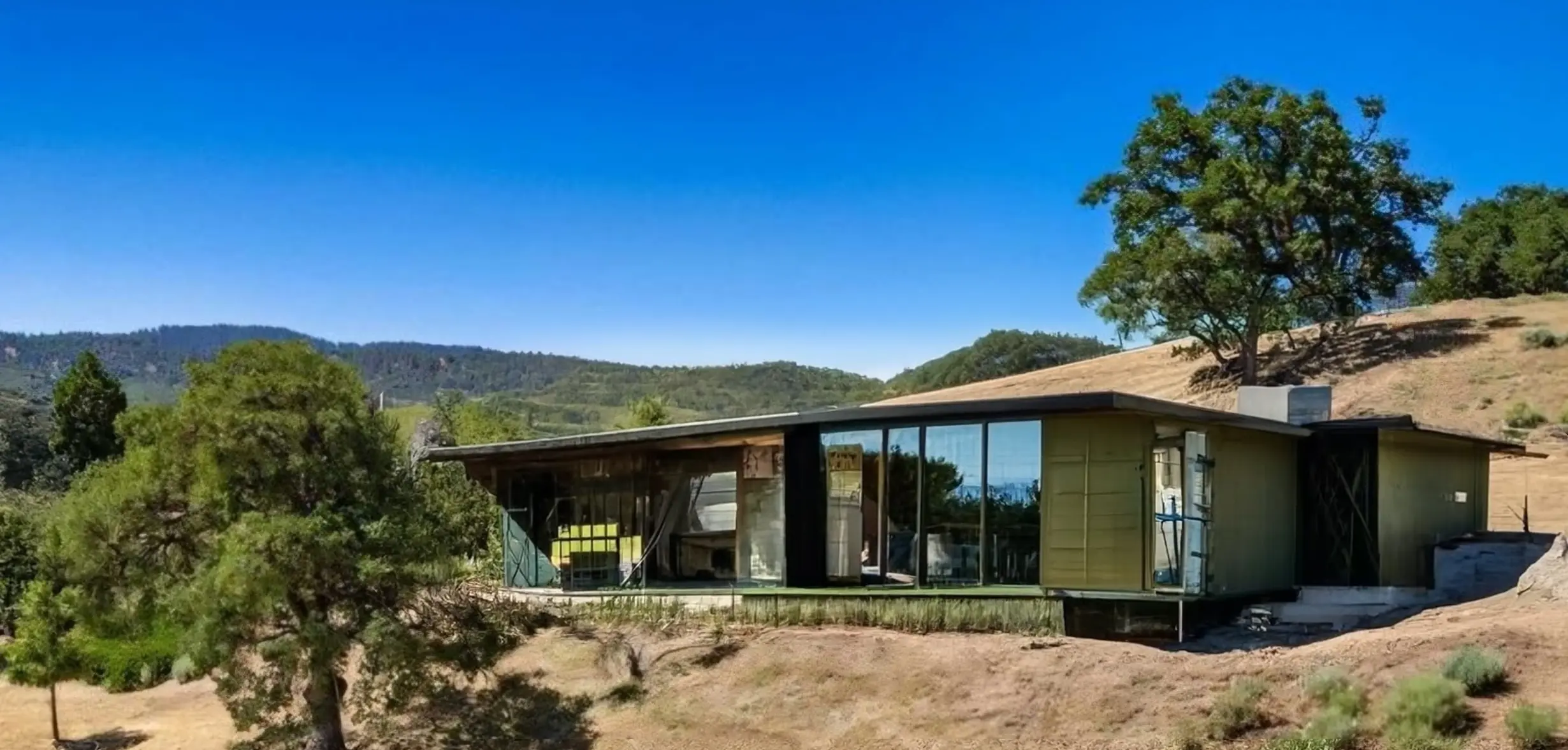 Mid-Century Modern Exterior Remodel with Olive Green Facade and Expanded Decking