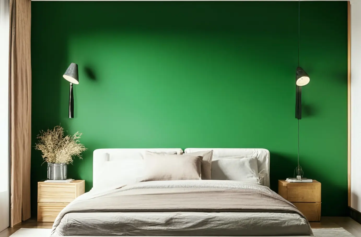 Modern Bedroom Design with Green Wall and Optimized Space