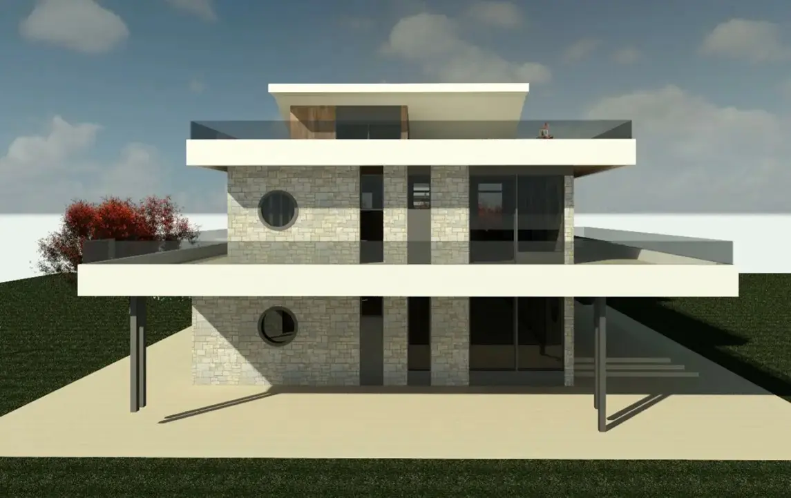 <p>Create a highly detailed image of a modern, two-story house exterior. The structure should be approximately 25 meters wide and 10 meters high. Its facade should be decorated with natural stone cladding, and it should have circular windows on both the ground and first floors. Include a spacious second-floor balcony that is minimalist in style, equipped with glass railings and a comfortable seating area. The home should be flanked by beautiful, lush landscaping, featuring vibrant red trees on both sides. The building's facade and its surroundings should project a harmonious blend of contemporary architecture and natural elements.</p>