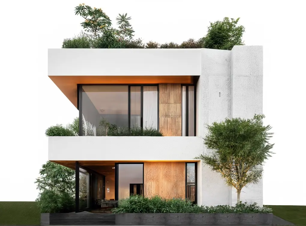 Modern Minimalist Home Exterior with Marble and Conwood