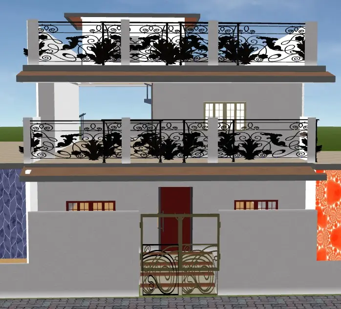 <p>Generate a highly realistic image of a modern multi-level house facade, designed with intricate artwork crafted from wrought iron. The remodeled structure features a vibrant color palette for the exterior walls, delicately balanced with the rustic appeal of natural stone accents. The balcony railings, renovated to contemporary preferences, employ sleek glass panels, ensuring unhindered visual appeal across the landscape. The front door zone is amplified with innovative smart lighting installations, coupled with a minimalist garden area located adjacent to the entrance gate. The facade's breadth as estimated is around 20 feet.</p>